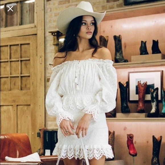 SPELL & the gypsy co white Mini dress Chain Ruched smocked eyelet sleeves - Picture 4 of 16